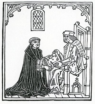 Alexander Barclay presenting his book to his patron Thomas Cornish, frontispiece to the English translation of 