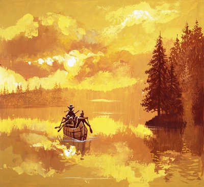 American Indians transporting a white man in a canoe by English School