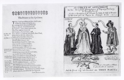 An Emblem of the Antichrist in his Threefold Hierarchies of Papacy, Prelacy, and Presbytery by English School