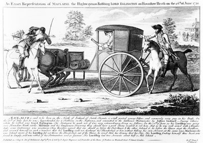 An Exact Representation of Maclaine the Highwayman Robbing Lord Eglington on Hounslow Heath on 26th of June 1750, print made by Charles Mosley, 1750 by English School