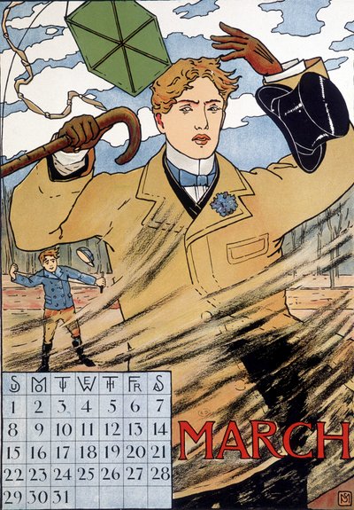 An elegant man struggling with the wind - English calendar image, March, late 19th century by English School
