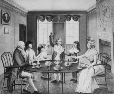 An Interior with a Lady and Gentleman Seated at a Table with Their Four Children Standing Beyond It, c.1780 by English School