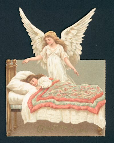 Angel Overlooking Girl Asleep in Bed, Victorian Scrap by English School