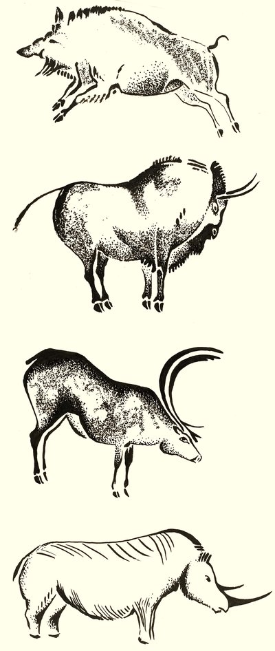 Animals with horns montage by English School