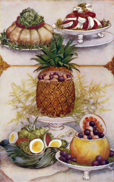 Arrangements for Serving Salads in Hollowed Out Fruits by English School
