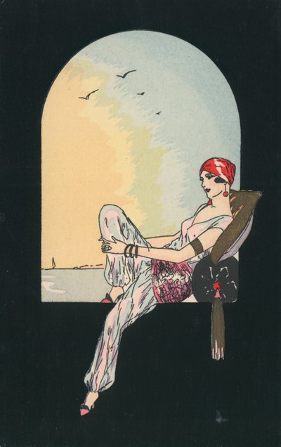 Art Deco Image of a Woman Reclining in a Window Seat by English School