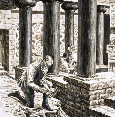 Arthur Evans exploring the remains of the ancient Minoan palace at Knossos by English School