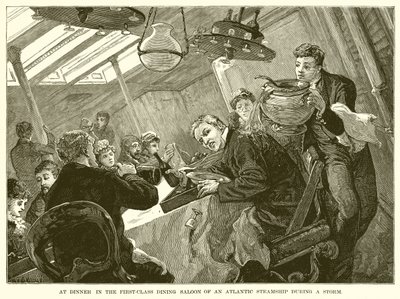 At Dinner in the First-Class Dining Saloon of an Atlantic Steamship during a Storm by English School