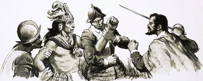 Atahualpa, the Inca god-king, came to meet the invading Spaniards in a friendly manner by English School