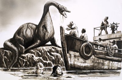 Attack by pre-historic reptile by English School