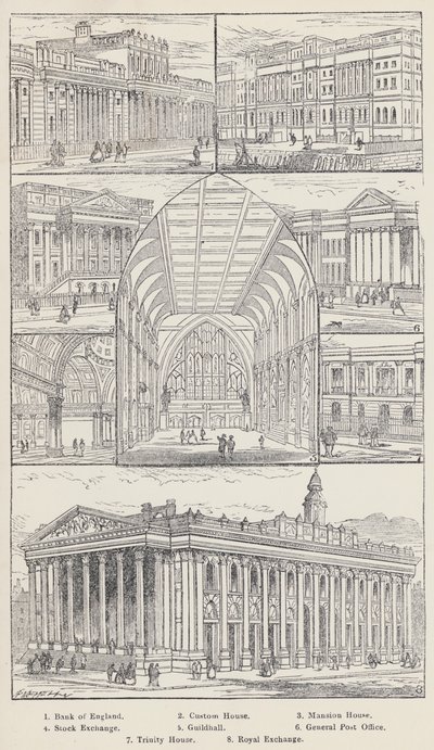 Bank of England, Custom House, Mansion House, Stock Exchange, Guildhall, General Post Office, Trinity House, Royal Exchange by English School