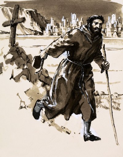 Believing he had discovered El Dorado, a Friar erected a cross to claim the shining city by English School