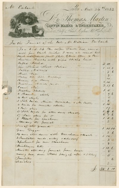Bill from Thomas Martin, Coffin Maker & Undertaker in Relation to the Funeral of Mr. William Eubank by English School