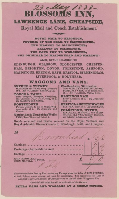 Blossoms Inn, Lawrence Lane, Cheapside, Bill by English School