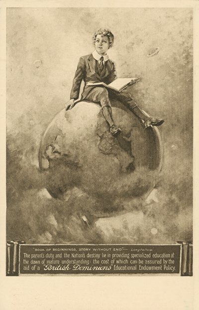 Book of Beginnings, Story without End, advertisement for educational endowment policies from the British Dominions Insurance Company by English School