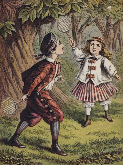 Boy and girl playing with bat and ball by English School