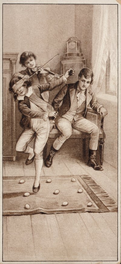 Boy playing a game where he has to try to avoid stepping on eggs while blindfolded by English School