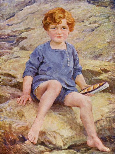 Boy playing in rock pools with a toy boat by English School