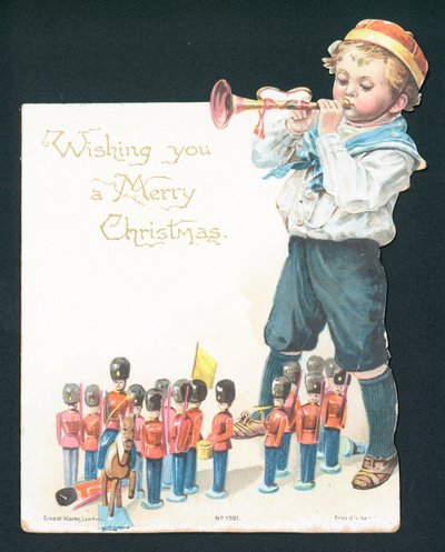 Boy playing with toy soldiers and blowing trumpet by English School