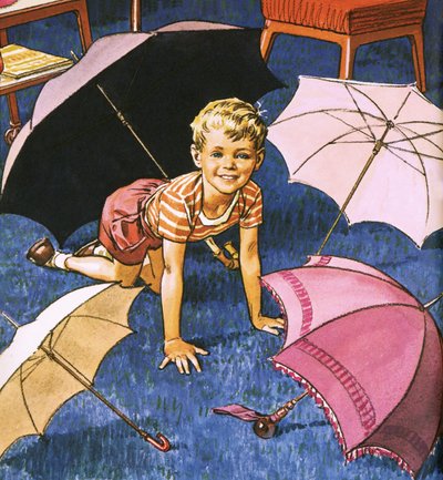 Boy Playing with Umbrellas by English School