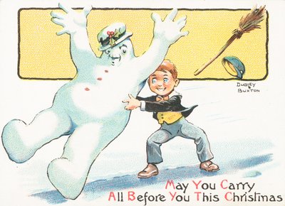 Boy pushing Snowman on ice by English School