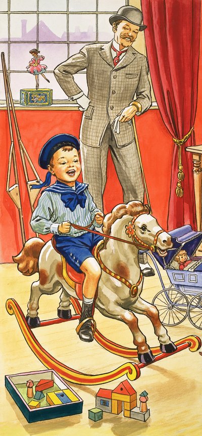 Boy Riding a Rocking Horse by English School