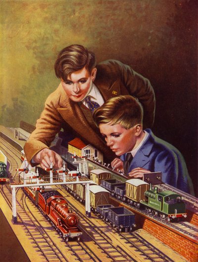 Boys Playing with a Train Set by English School