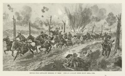 British Field Artillery Bringing up Their Guns at a Gallop under Heavy Shell Fire, World War I by English School