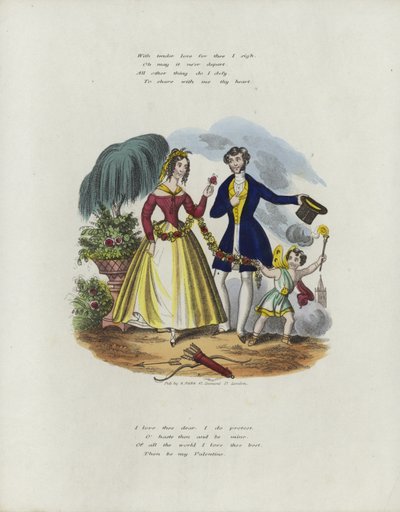 Valentine card with an image of a cherub pulling a woman along with a string of flowers by English School