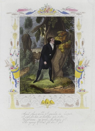 Valentine card with an image of a distressed man standing by the trunk of a tree by English School