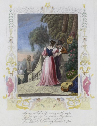 Valentine card with an image of a man and a woman standing on a garden terrace by English School