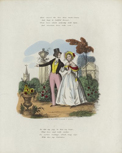 Valentine card with an image of a man and a woman walking in a garden by English School