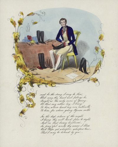 Valentine card with an image of a man repairing boots by English School
