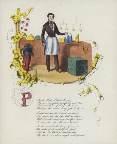 Valentine card with an image of a man standing by a shop counter by English School