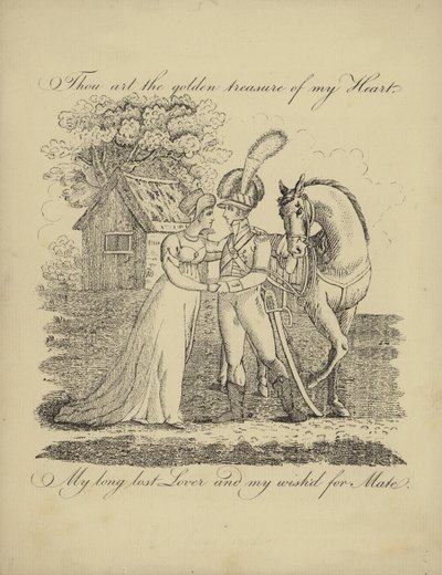 Valentine card with an image of a soldier and a woman by English School