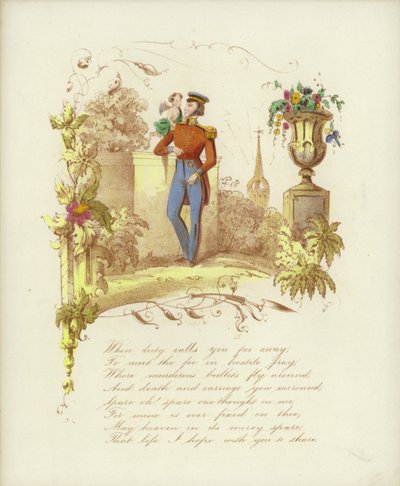 Valentine card with an image of a soldier with a cherub on his shoulder by English School