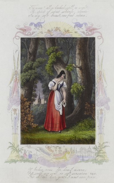 Valentine card with an image of a woman standing among a group of trees by English School
