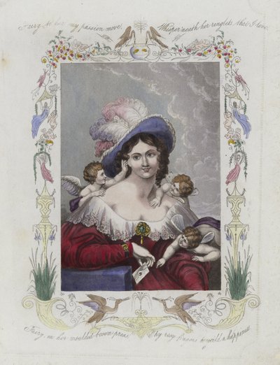 Valentine card with an image of a woman surrounded by cherubs by English School