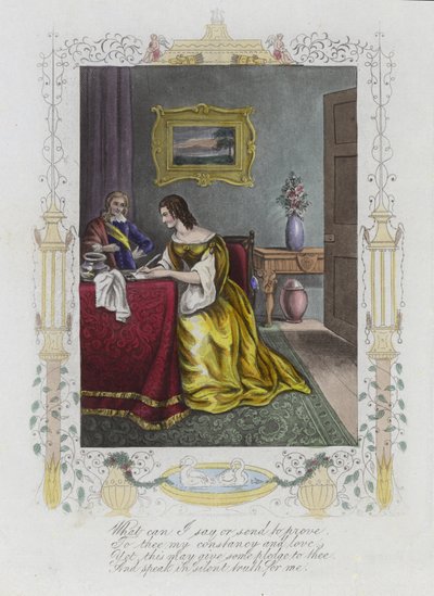Valentine card with an image of a woman writing a letter at a desk by English School