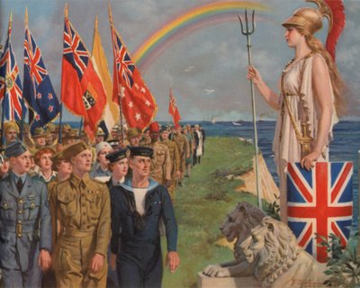 British and Empire Military Personnel and Civilians Involved in the War Effort Parading Before Britannia by English School