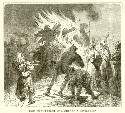 Burning the Corpse of a Chief on a Dragon Ship by English School