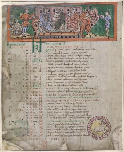 Calendar Page for April: Feasting, illustration from an 