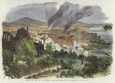 Canton and Part of the Suburbs, Sketched During the Conflagration in the City by English School
