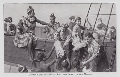Captain Cook Presenting Pigs and Fowls to the Maoris by English School