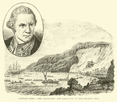 Captain Cook, the Discovery and Resolute in Kealakakua Bay by English School