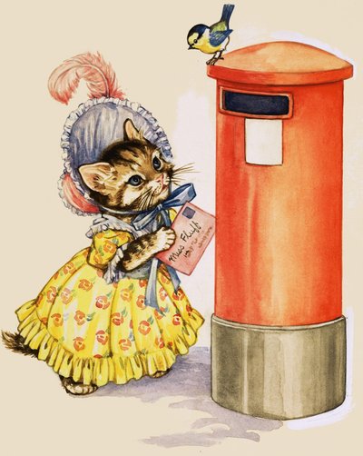 Cat in a bonnet posting a letter at a letter box by English School