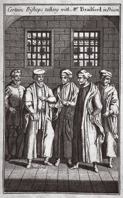 Certain Bishops talking with Mr. Bradford in prison, illustration from Foxe