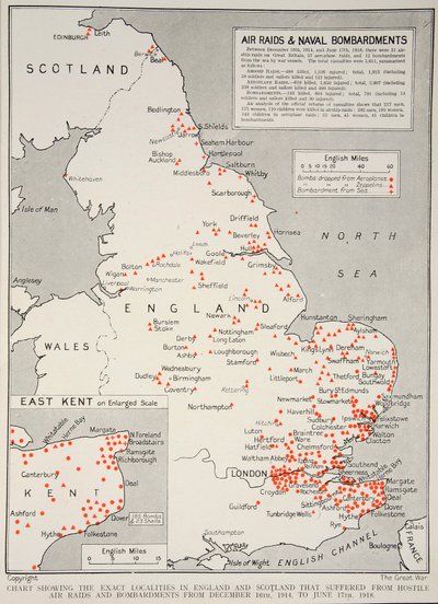 Chart showing the exact localities in England and Scotland that suffered from hostile air raids and bombardments from December 16th, 1914 to June 17th, 1918 by English School