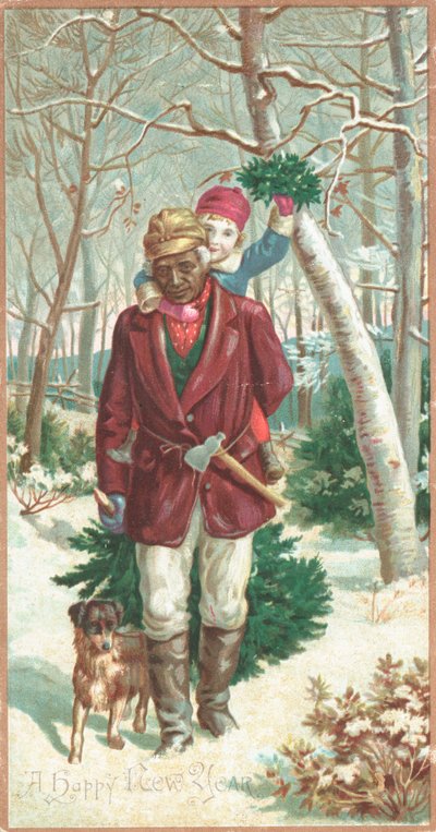 Child on mans shoulders collecting mistletoe by English School