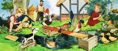 Children and Ducks Playing by English School